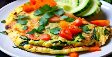 Plato de comida con vegetales y un omelette