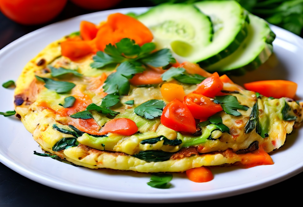 Plato de comida con vegetales y un omelette