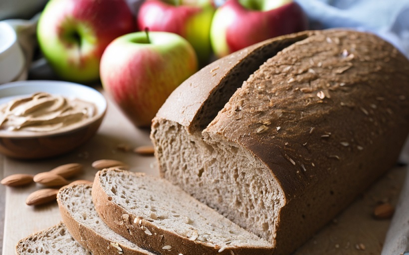 Rebanada de pan integral con mantequilla de almendra y rodajas de manzana fresca.